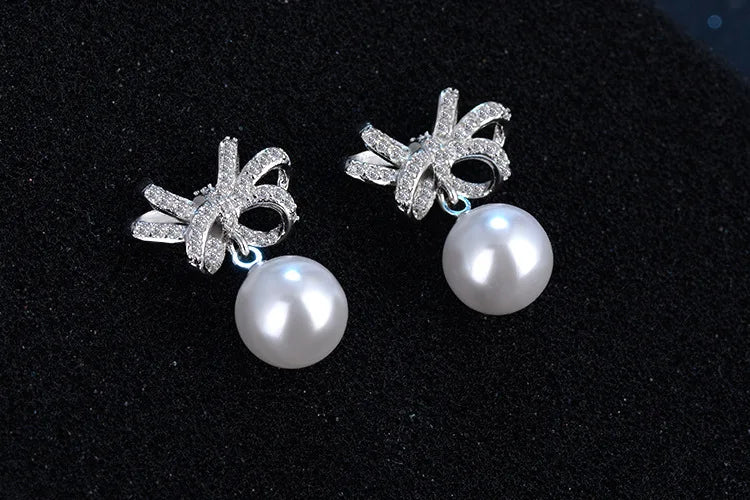 925 silver needle Jewelry Shiny Cz Zirconia Bowknot Pearl Stud Earrings Pendientes Boucles D'oreilles Oorbellen S-e351