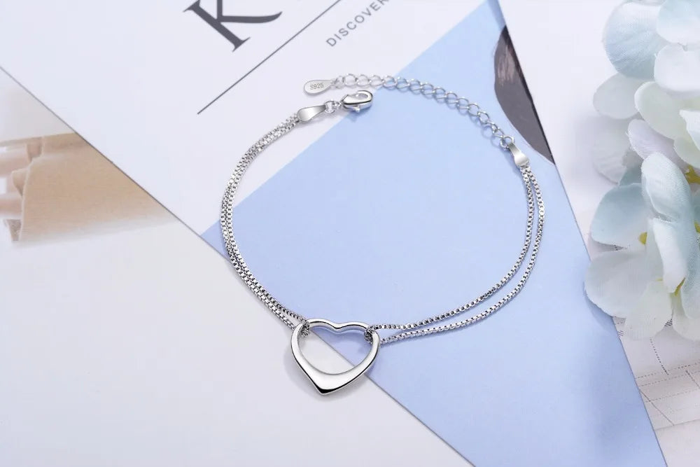 Slim Box Chain 925 Sterling Silver Hollow Heart Charm Bracelets For Women Silver 925 Fine Jewelry Girl's Birthday Gift