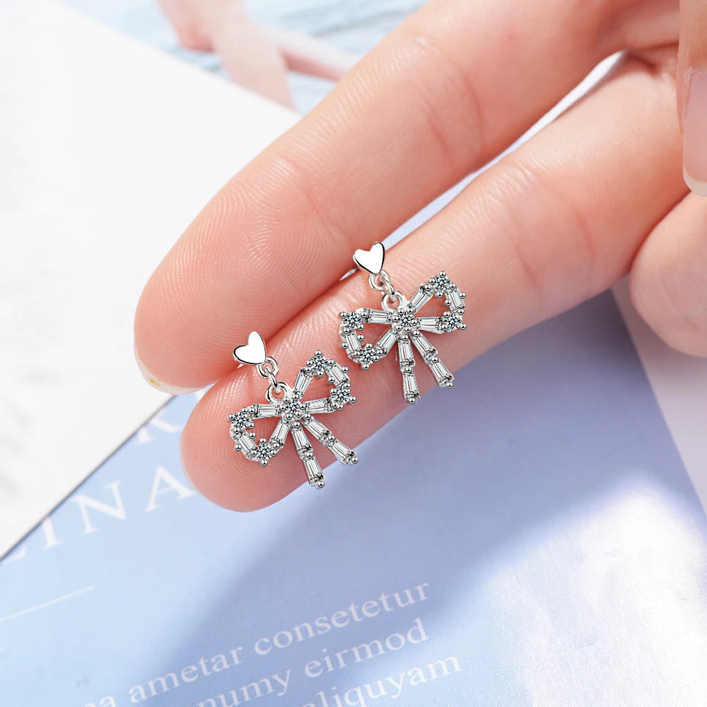 925 Sterling Silver Sweet Dazzling Bowknot Cz Crystal Stud Earring Pendientes Brincos For Women Sterling Silver Jewelry Gift