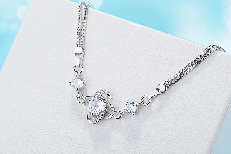 Fine Jewelry Authentic 925 Sterling Silver Jewelry Austrian Crystal Four Leaf Clover Heart Charm Bracelet For Women Pulserias