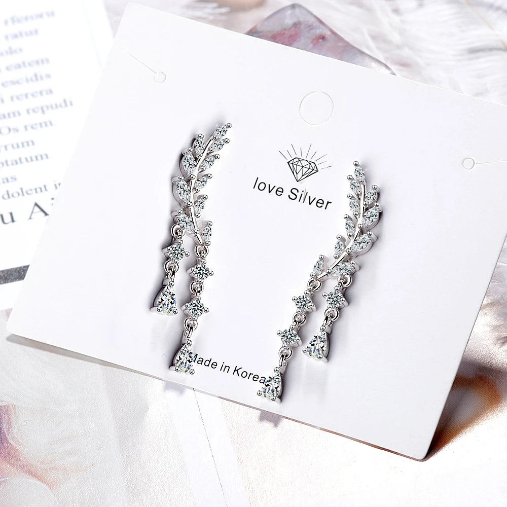 925 stamp silver color Earrings Luxury Crystal Earrings Water Drop Long Leaves Aaa Zirconia Earring For Women Wedding Bride Gift