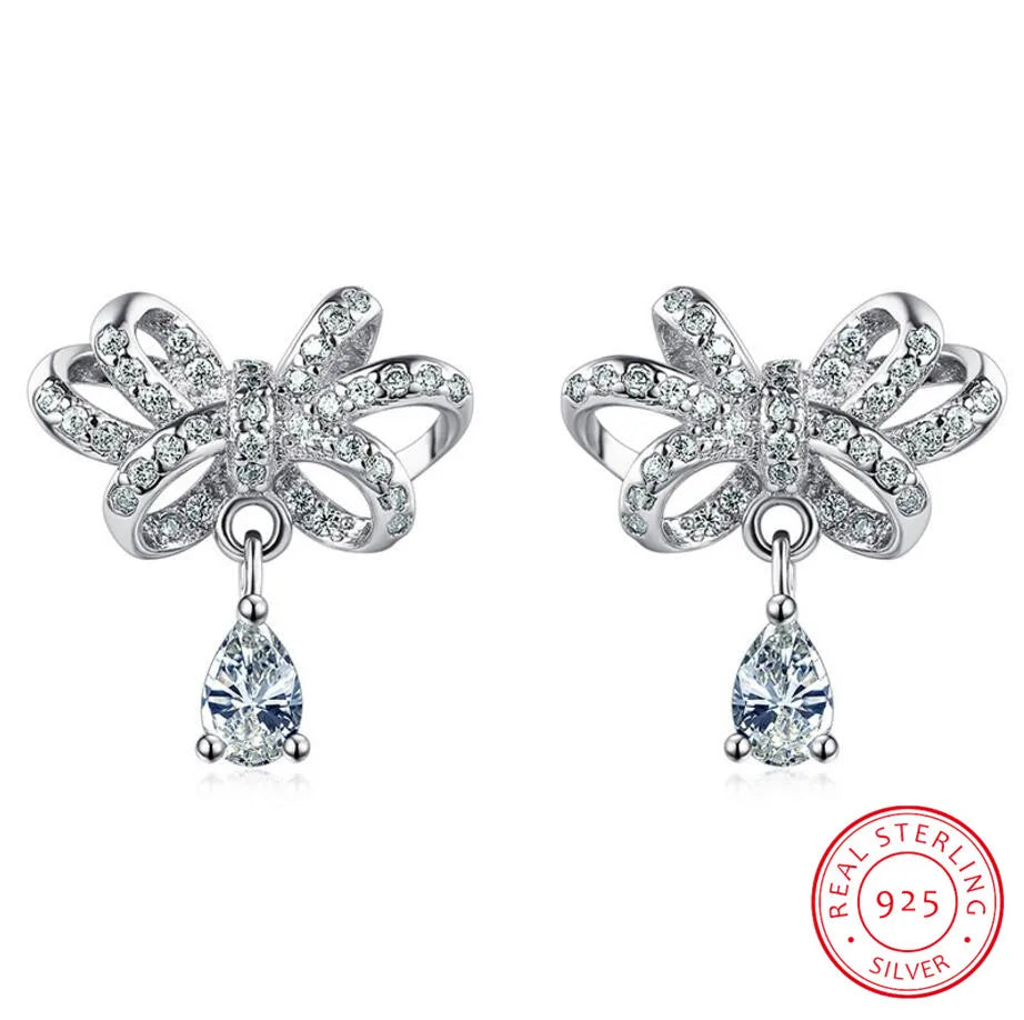 925 silver needle Jewelry Shiny Cz Zirconia Bowknot Stud Earrings Pendientes Boucles D'oreilles S-e349