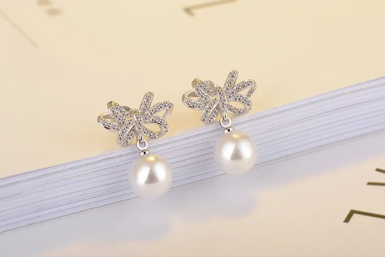 925 silver needle Jewelry Shiny Cz Zirconia Bowknot Pearl Stud Earrings Pendientes Boucles D'oreilles Oorbellen S-e351