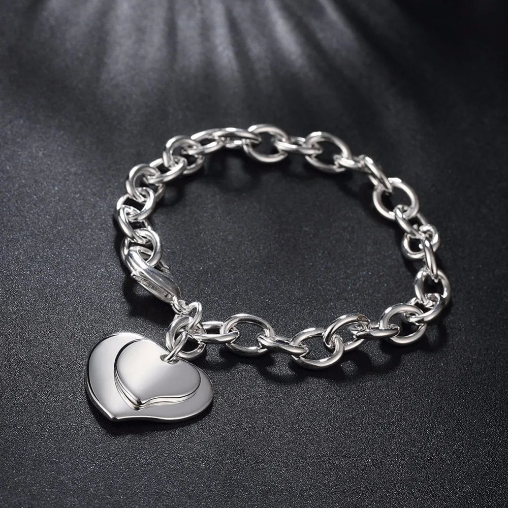 Lekani New 925 stamp silver color Jewelry Bracelet Silver 925 Jewelry Double Heart Bracelets For Women Charm Bracelets & Bangles