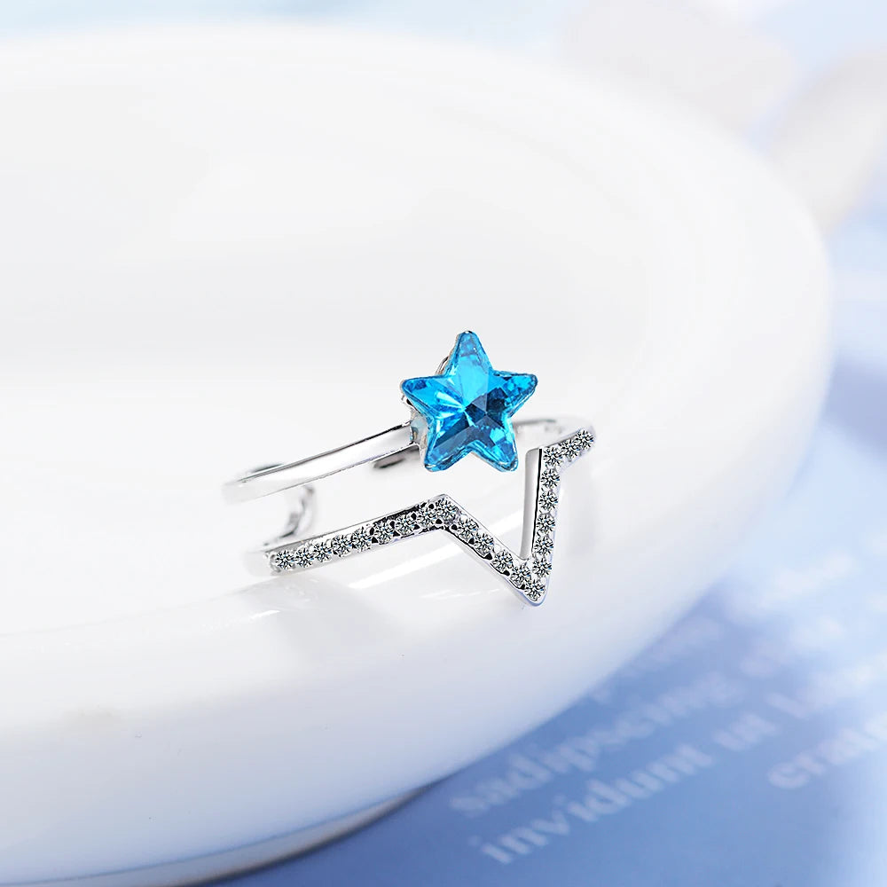 New Temperament Fashion Wild Women Blue Crystal 925 Sterling Silver Jewelry Personality Stars Opening Rings Sr380