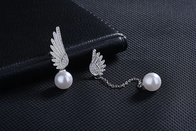 Wholesale Fashion Personality For Woman Gift Asymmetric Angel Wings Pearl 925 silver needle Tassel Stud Earrings Ys240