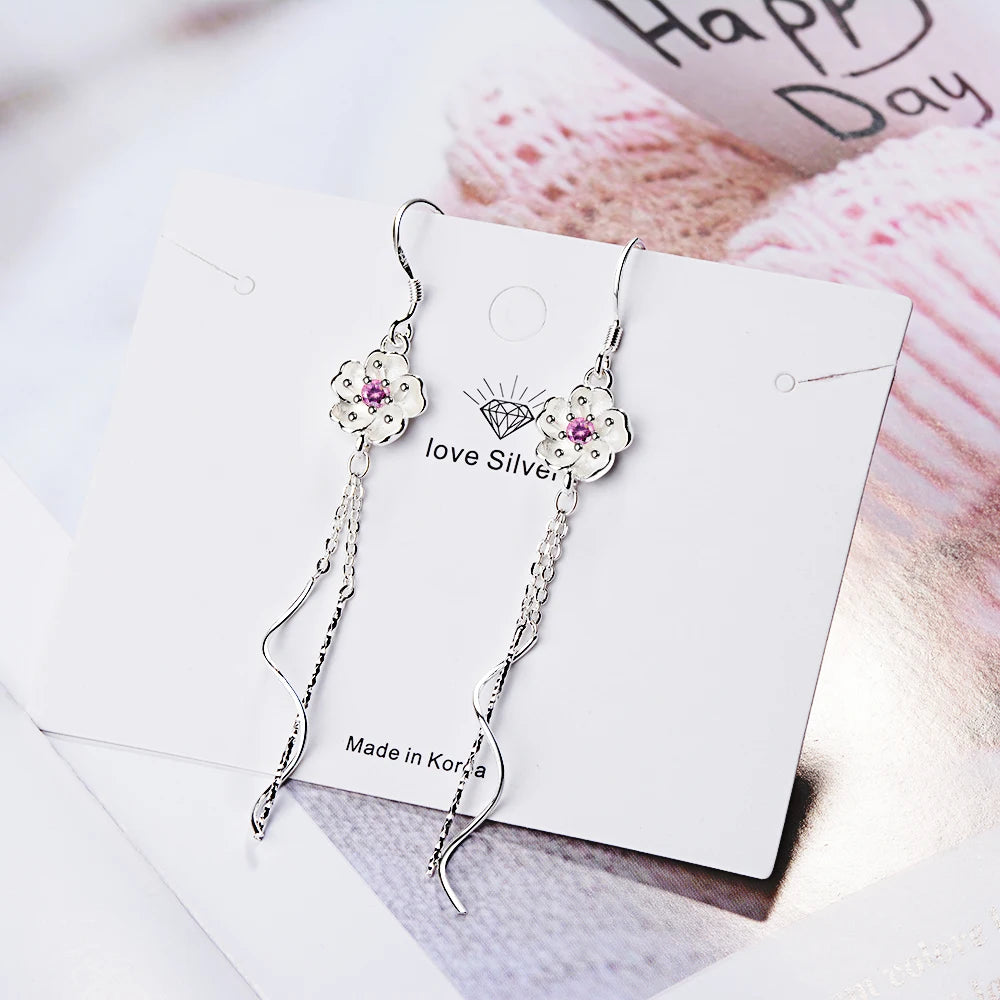 925 stamp silver color Cherry Blossoms Tassel Drop Earrings For Women Wedding Jewelry Earring Female Brinco Oorbellen Eh854