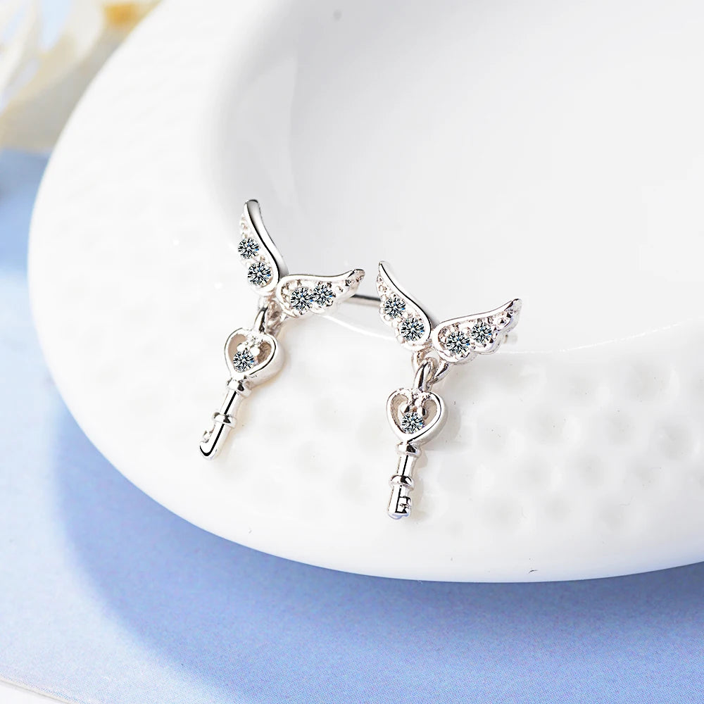 925 silver needle Angel Wings Cz Heart Key Stud Earrings For Women Girls Jewelry Orecchini Aros Aretes Oorbellen