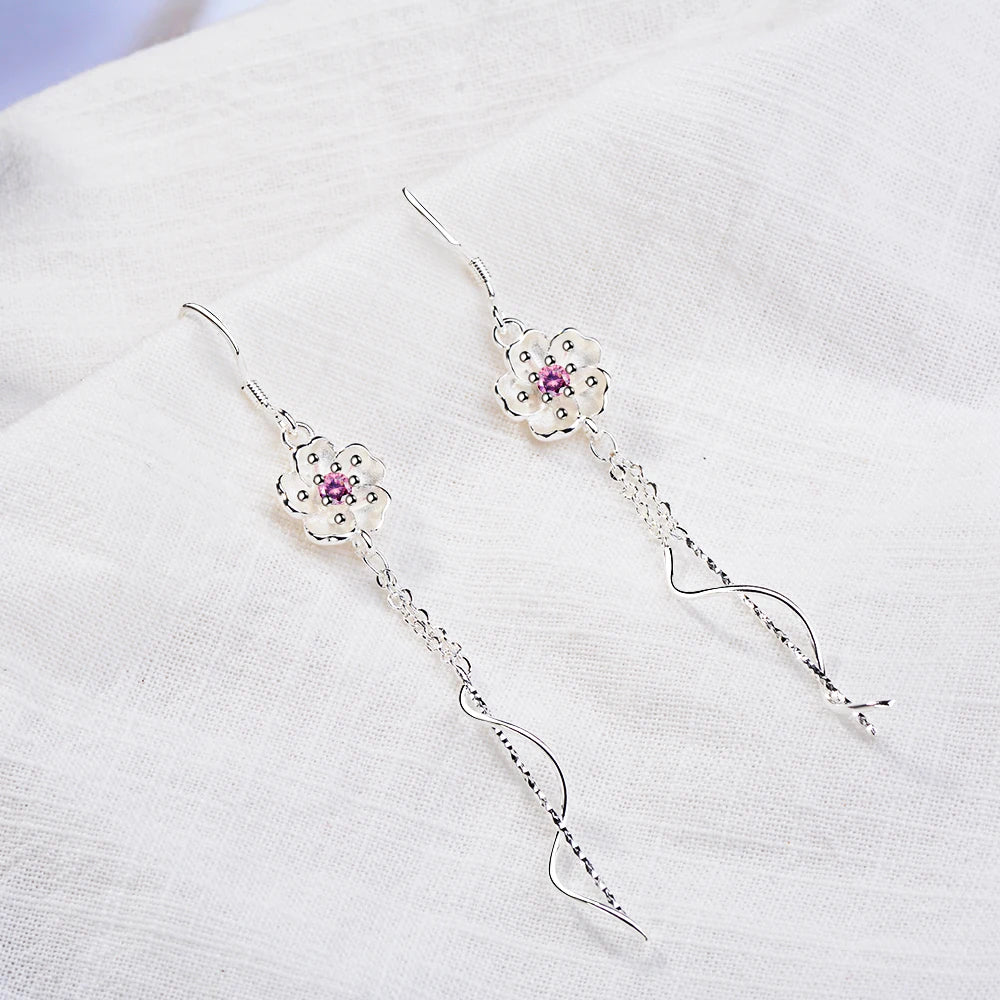 925 stamp silver color Cherry Blossoms Tassel Drop Earrings For Women Wedding Jewelry Earring Female Brinco Oorbellen Eh854