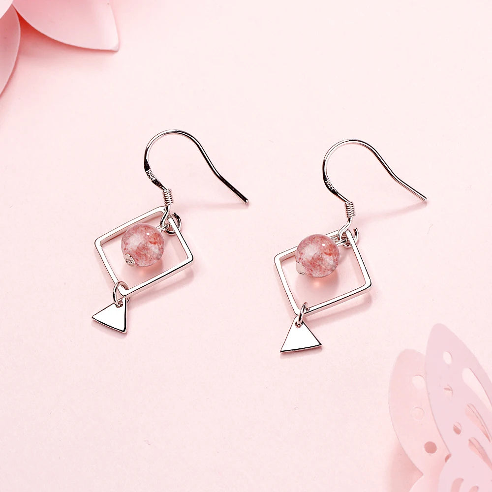 Simple Square Triangle Strawberry Crystal Earrings 925 stamp silver color Tassel Earrings For Women S-e679