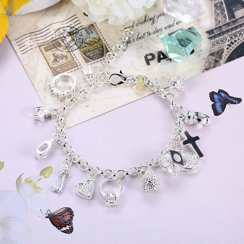 925 stamp silver color 13 Charms Cross Lock Key Heart Star Moon Flower Zircon Bracelet Bangle Women's Fine Jewelry Accessories