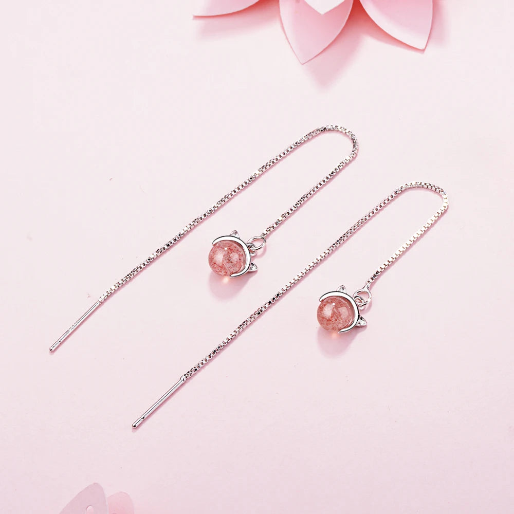 Real 925 Sterling Silver 2019 Women Fashion Cute Pink Strawberry Crystal Cat Long Tassel Drop Earrings For Daughter Girls