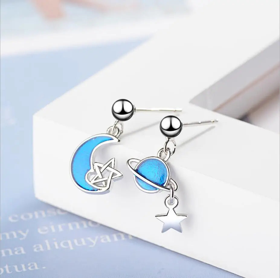 925 silver needle Secret Planet Moon Star Asymmetric Earrings For Women Clear Cubic Zircon Sterling Silver Jewelry Bse016