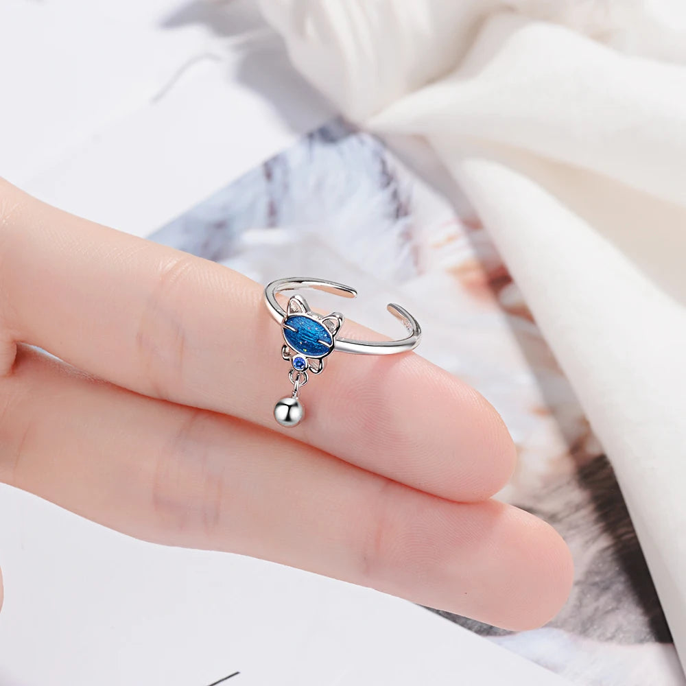 Simple Cute Blue Cat Bead Tassel Adjustable Ring For Women Girl 925 Sterling Silver Ring Anillos Bague Mujer