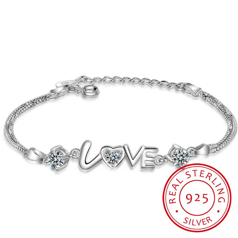 Heart Love Round Cubic Zirconia Double Layer Box Chain Bracelet Real 925 Sterling Silver Fine Jewelry For Women Party Gift