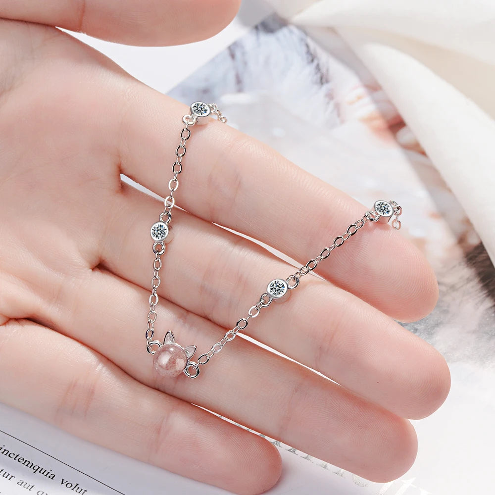 New Fashion Sterling Silver 925 Bracelet Elegant Crystal Cute Cat Bangle Bracelets For Women Wedding Party Jewelry Gifts