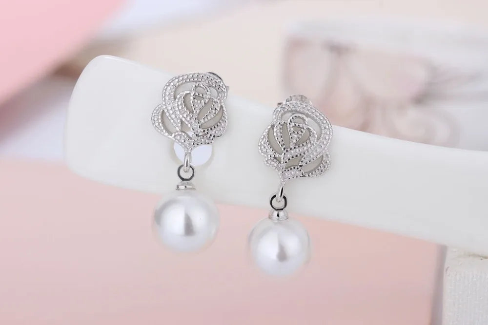 Real Freshwater Pearl Earrings For Women 925 silver needle Pearl Carving Roses Flower Earrings Fine Jewelry Brincos