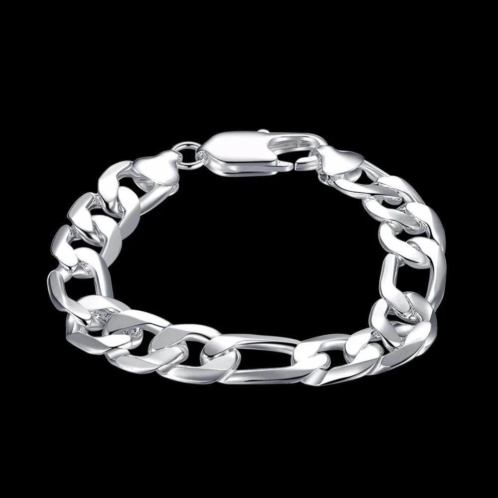 Lekani Men's Fine Jewelry 925 stamp silver color 12mm 20cm Figaro Chains Bracelet Bangles Pulseiras Joyas De Plata Free Shipping