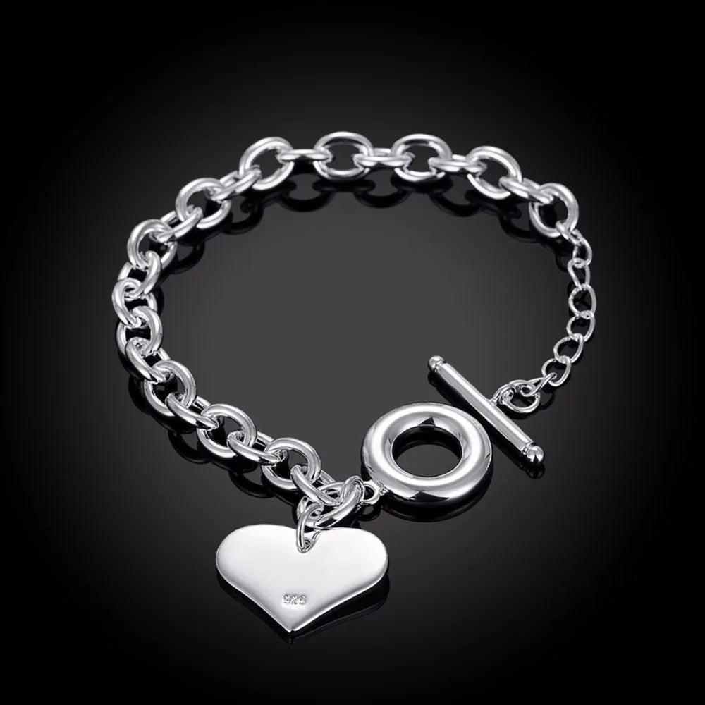 Lekani Fashion Smooth Love Heart Charm Bracelet For Women 925 stamp silver color Bracelets Female Hand Chain Wristband Pulseira