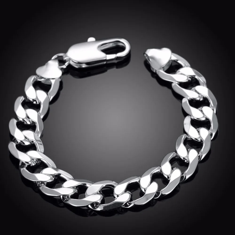 Lekani New Fine Jewelry Men 925 stamp silver color Hand Cuff Bracelet 12mm 925 Silver Figaro Chains Bracelets & Bangles For Men