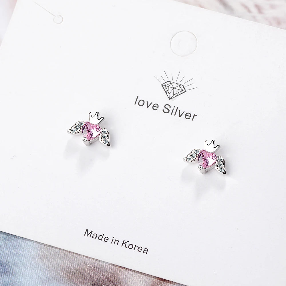 925 Sterling Silver Pink Heart Stud Earrings For Women Silver Crown Earrings For Girl Engagement Fine Jewelry