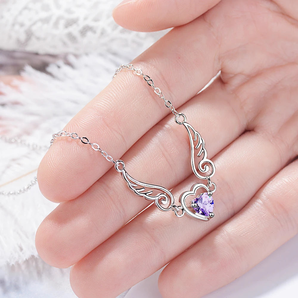 Hot Sale Silver Jewelry Love Angel Wings Necklace Dream Love Heart Crystal Zirconia Necklace Women Birthday Present S-n01