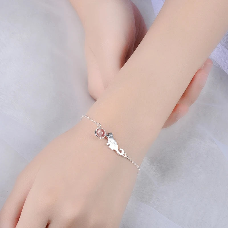 Hand Drawing Female Fashion Moonstone Cute Animal 925 Sterling Silver Jewelry Crystal Sweet Cat Temperament Bracelets Sb119