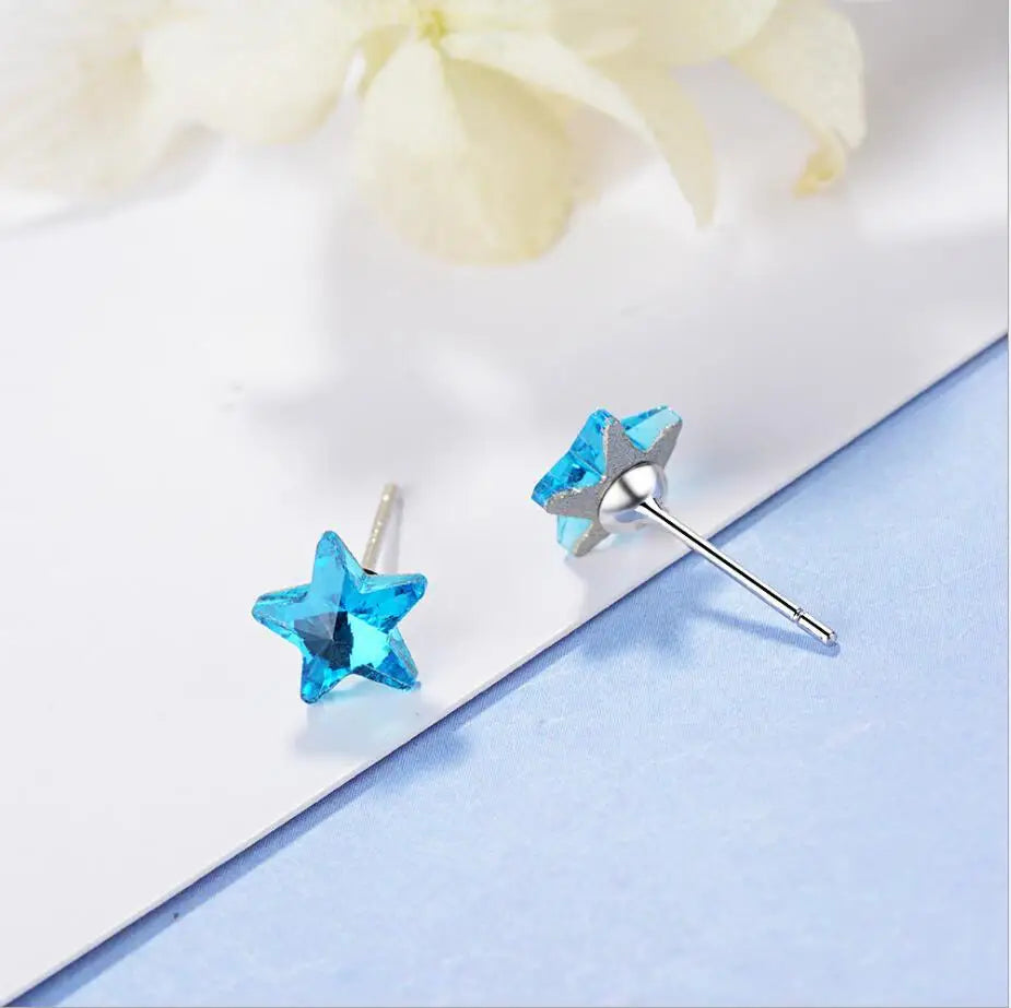 925 Silver Pentagram Star Stud Earrings With Crystals  Original Fine Jewelry For Women Girls Christmas Gift