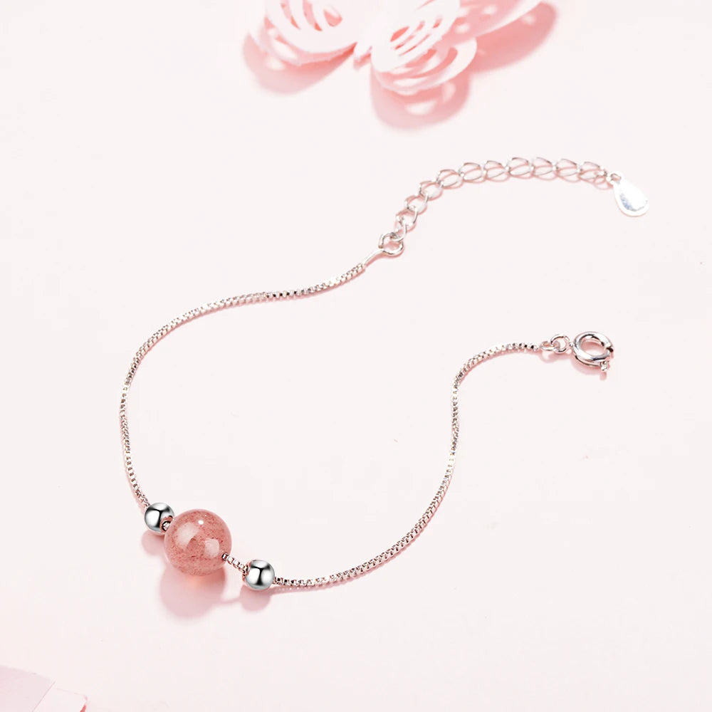 Simple Fashion Natural Strawberry Crystal Lucky Bead Bracelet For Women Girl Gift 925 Sterling Silver Baraclet S-b192