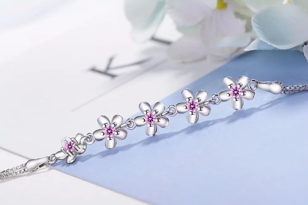 Luxury 925 Sterling Silver Bracelets Purple Zirconia Plum Flower Bracelets & Bangles For Women Pulseira De Prata S-b51