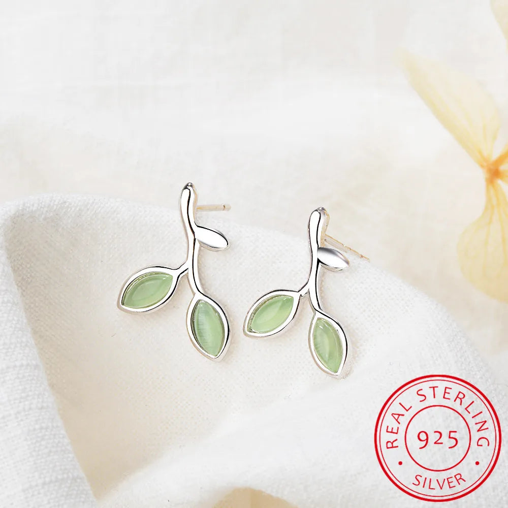 925 Sterling Silver Green Opal Leaves Buds Stud Earrings For Women Prevent Allergy Fashion Jewelry Best Gifts For Girls