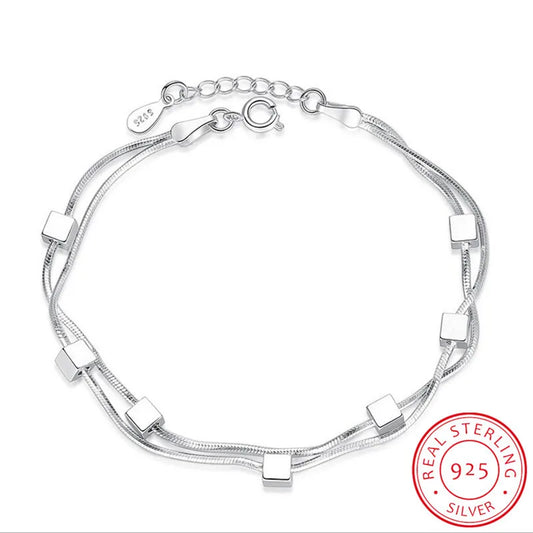 925 Sterling Silver Bracelet Square Box Star Double Chain Adjustable Bracelet Anklet For Women Pulseira S-b167