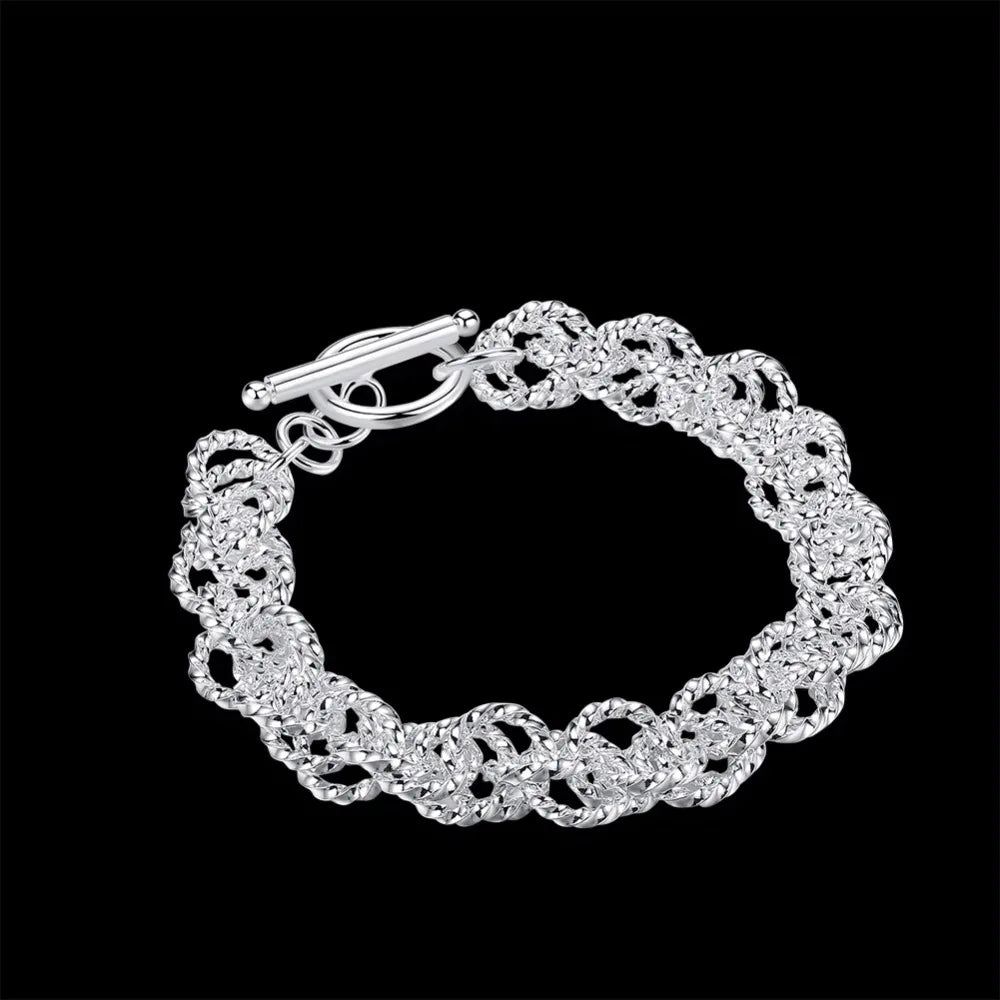 Women's Fine Jewelry 10mm Twisted Chains 21cm 925 stamp silver color Circle Cross Bracelet Bangles Pulseiras De Prata