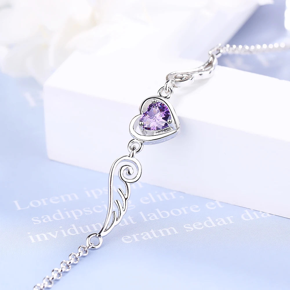 Wholesale New Love-heart Purple Rhinestone Bracelet Chain 925 Sterling Silver Hand Chain Bracelet For Women Jewelry Gift