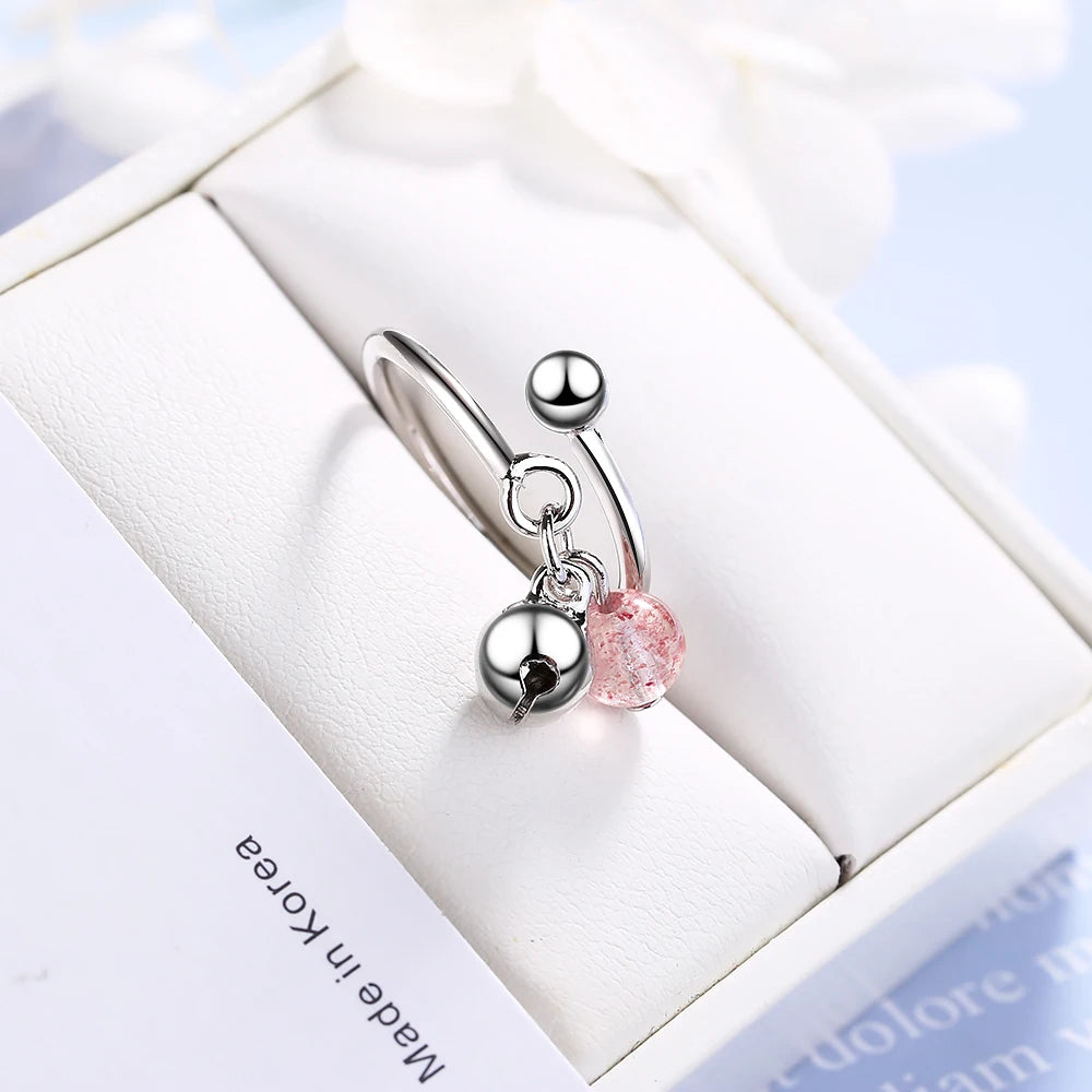 100% 925 Solid Real Sterling Silver Strawberry Crystal Bead Bell Opening Ring 6 7 8 For Women Creative Cute Style Girl Jewelry