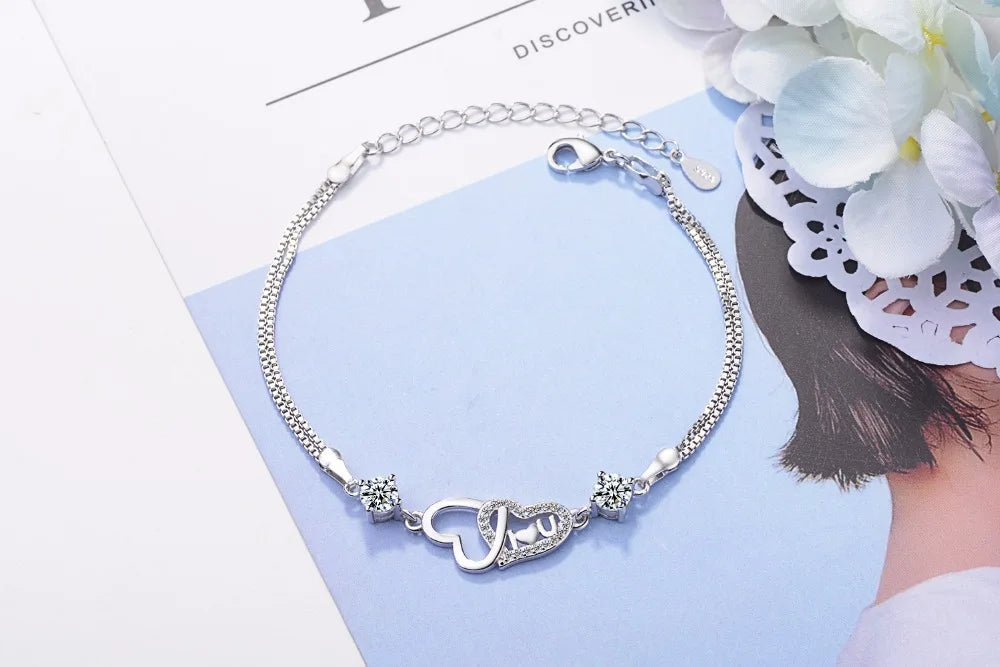 925 Sterling Silver Eternal Love Heart Zirconia Double Layer Chain Bracelet For Women Pulseira Feminina S-b47