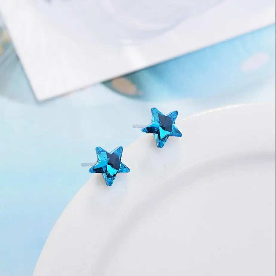 925 Silver Pentagram Star Stud Earrings With Crystals  Original Fine Jewelry For Women Girls Christmas Gift