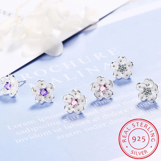 925 Sterling Silver White/purple/pink Zirconia Cherry Blossoms Flower Earring For Women Sterling-silver Fine Jewelry Pendientes