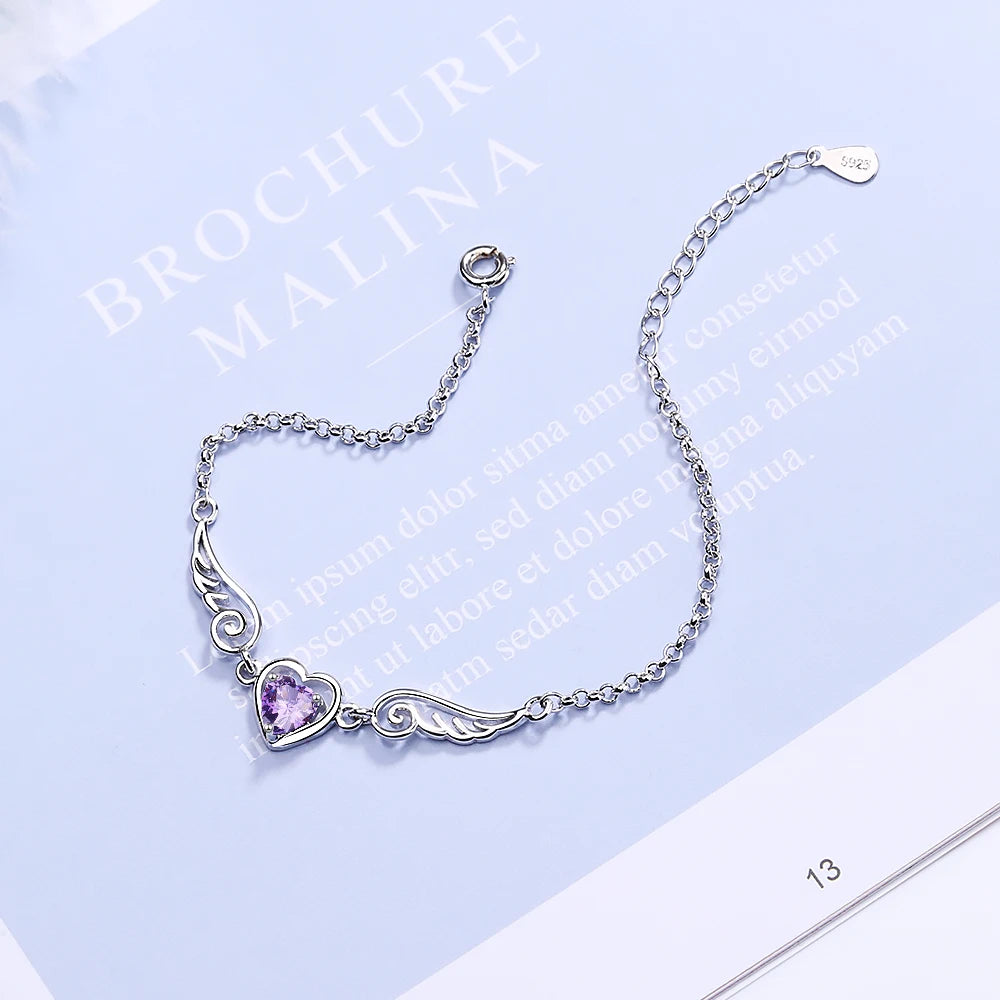 Wholesale New Love-heart Purple Rhinestone Bracelet Chain 925 Sterling Silver Hand Chain Bracelet For Women Jewelry Gift