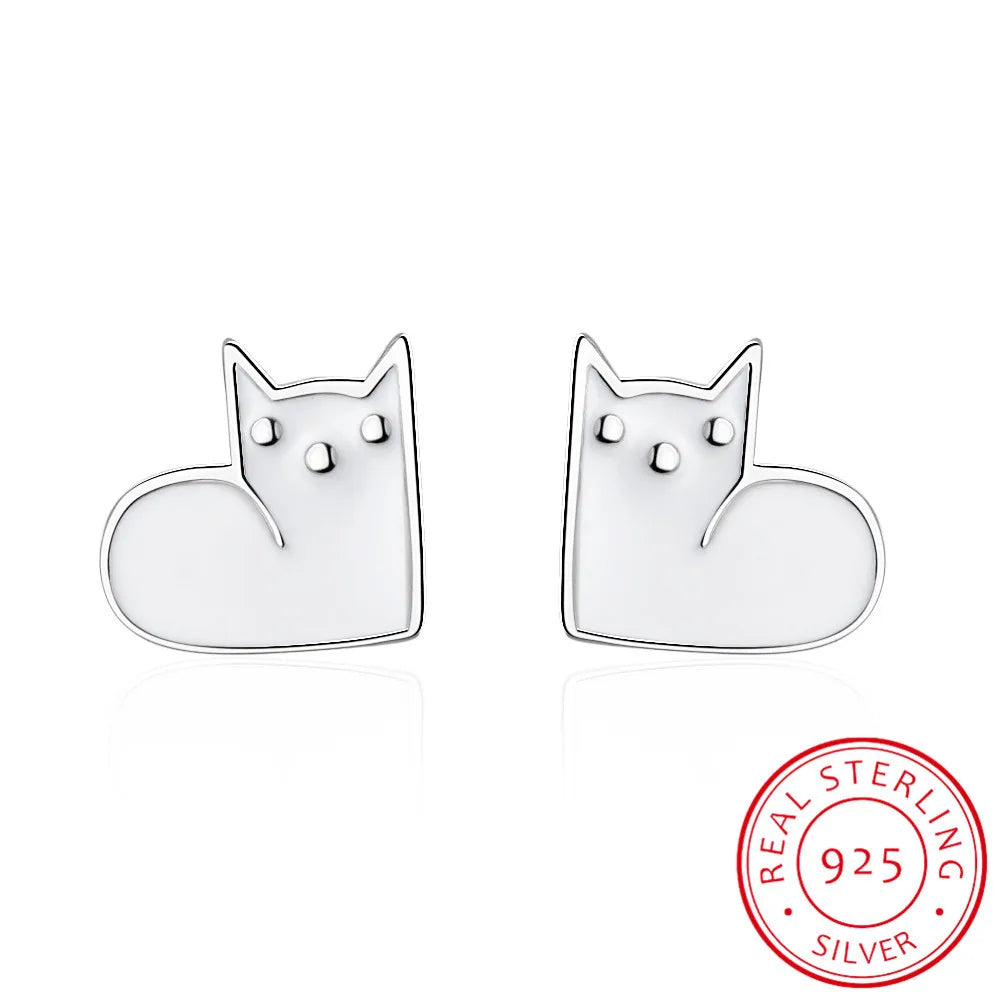 925 Sterling Silver Cute Cat Earrings White Black Enamel Kitty Piercing Ear Animal Stud Earrings Women Girls Fine Jewelry