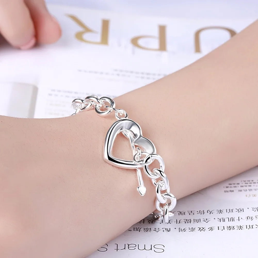 Lekani Free Shipping Unisex Heart Arrow Bracelets 925 stamp silver color Men Women Cuff Bracelet Pulseiras Bijoux Joyas De Plata