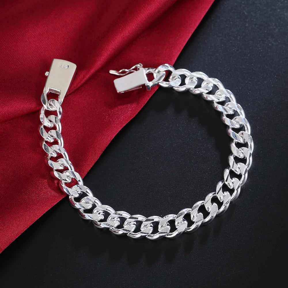 New High -quality Women Men Noble 925 stamp silver color Bracelets Fine Jewelry Gifts Mens 10mm Square Nice Jewelry Bracelet