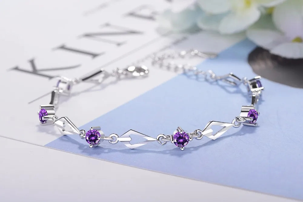 Real 925 Sterling Silver White/purple Zirconia Chain Bracelet Minimalist Fine Jewelry For Women Birthday Party Accessories Gift