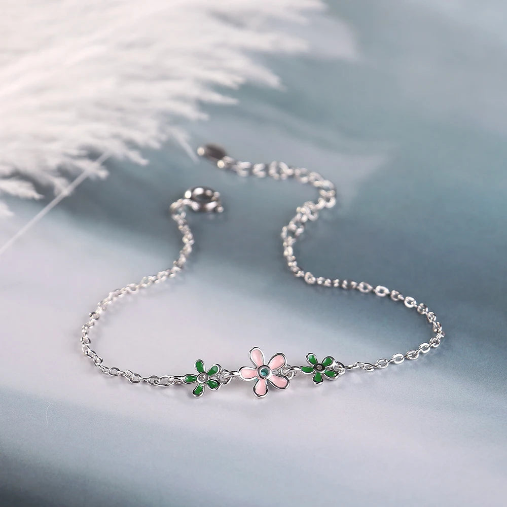 New Fashion 925 Sterling Silver Drop Glaze Leaves Flower Daisies Bracelets For Women Pulseira Silver 925 Jewelry S-b206