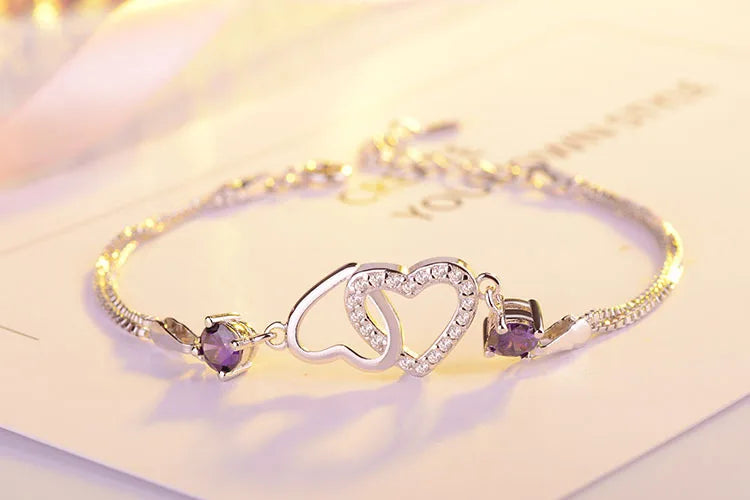 New Fashion 925 Sterling Silver Double Heart Purple Zircon Bracelets For Women Crystal Fine Jewelry Pulseira Feminina