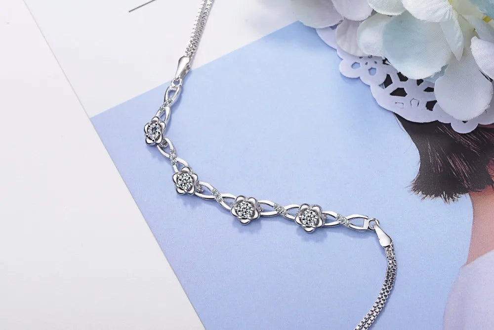 Luxury 925 Sterling Silver Bracelets White Zirconia Plum Flower Bracelets & Bangles Fine Jewelry For Women Pulseira S-b51