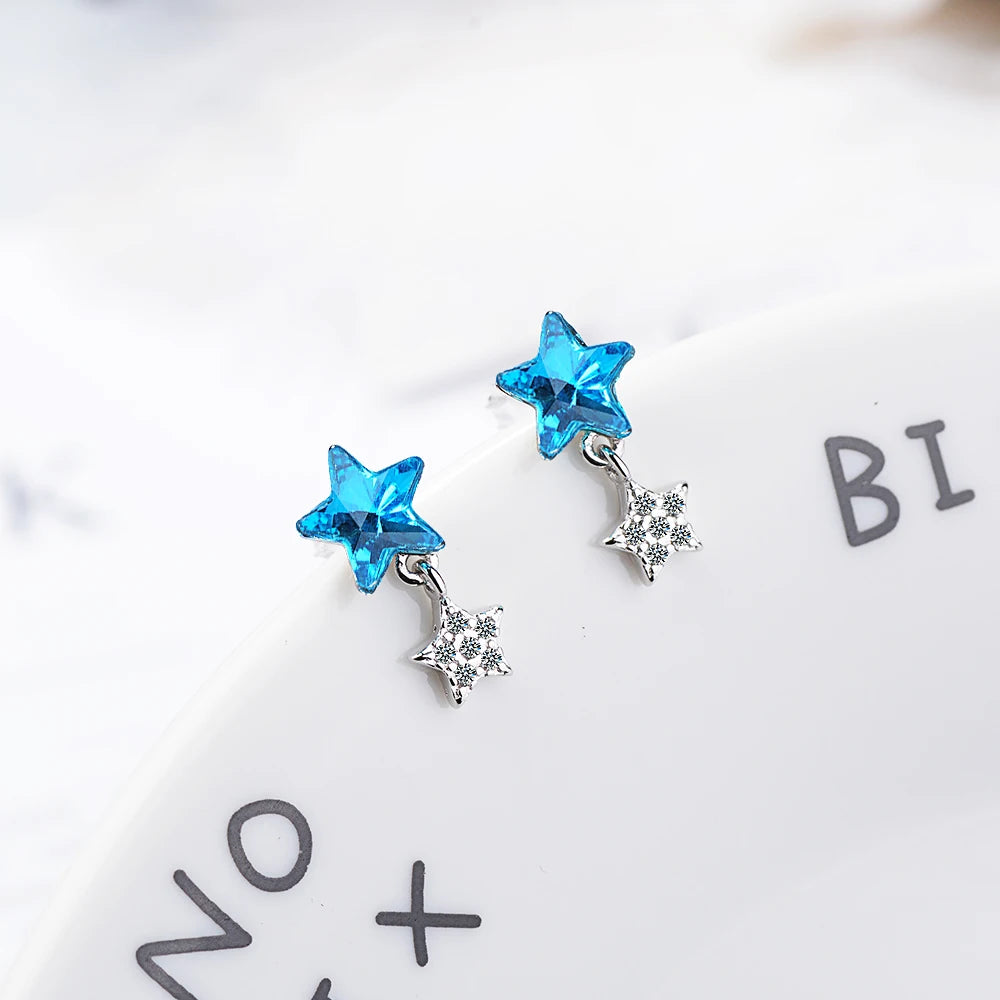 Real 925 silver needle Blue Crystal Double Star Stud Earrings For Women Fashion Silver Star Brincos Oorbellen