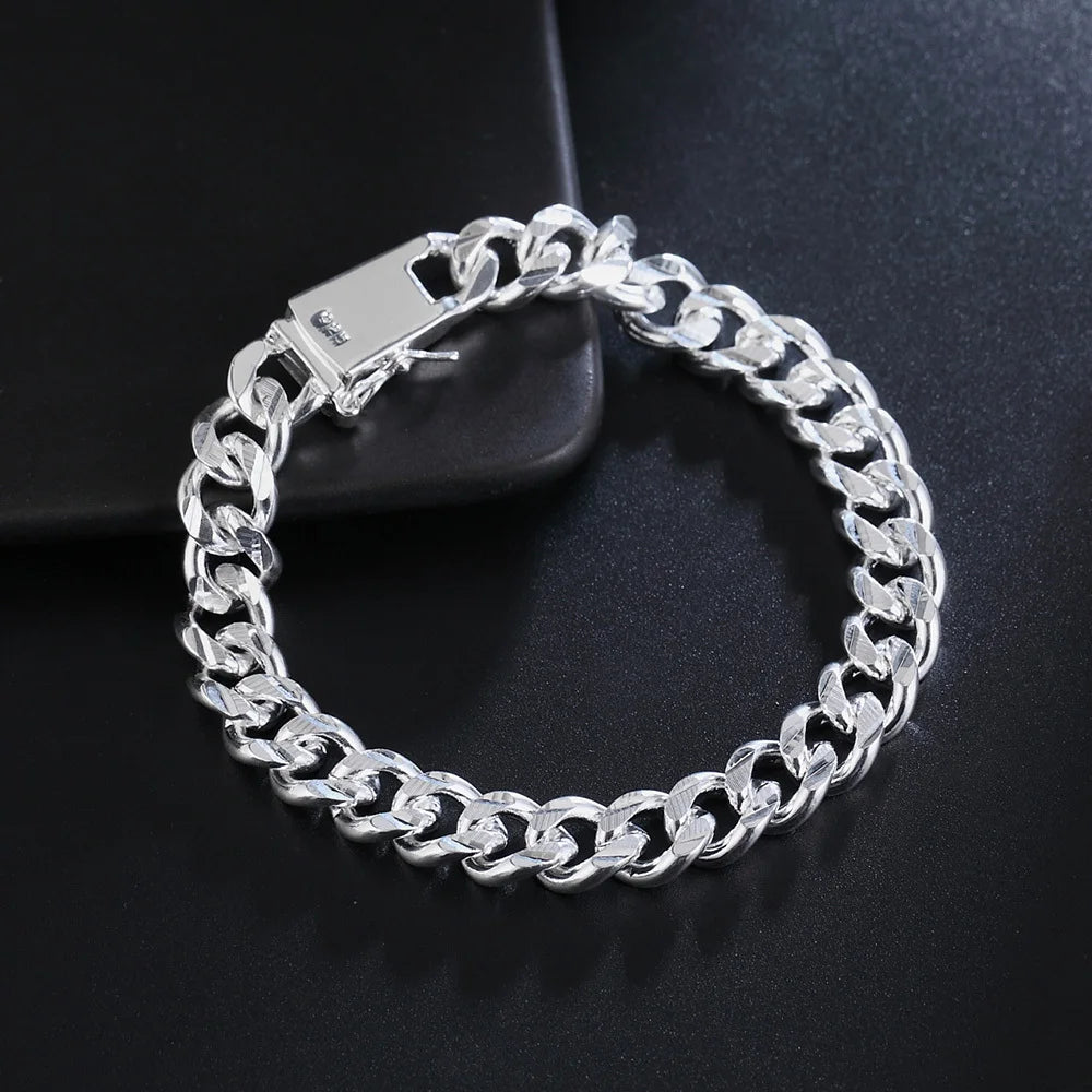 New High -quality Women Men Noble 925 stamp silver color Bracelets Fine Jewelry Gifts Mens 10mm Square Nice Jewelry Bracelet