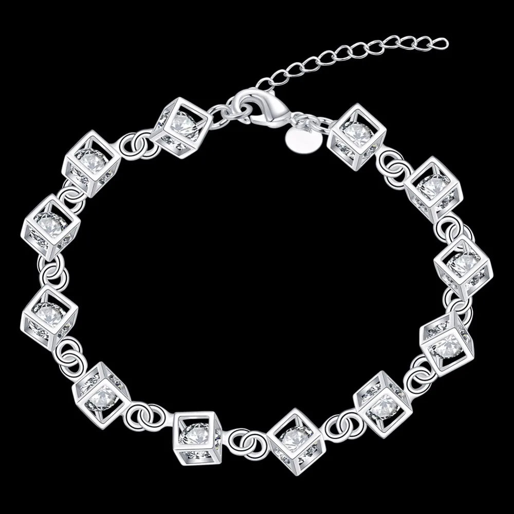 Lekani  New Luxury Austrian Crystal Cubes Bracelet For Women 925 stamp silver color Fine Jewelry Charm Bijoux Bracelets