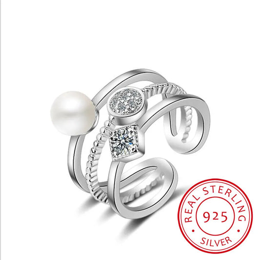 925 Sterling Silver Rings For Women Trendy Multi-layer Pearl Mosaic Cz Zirconia Resizable Rings Bague Femme S-r217
